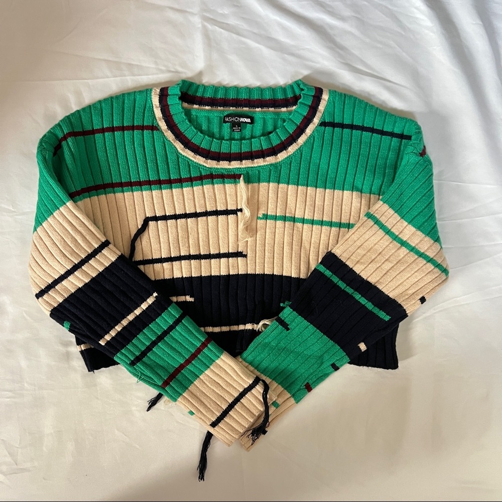 Distressed Color Block Cropped Sweater